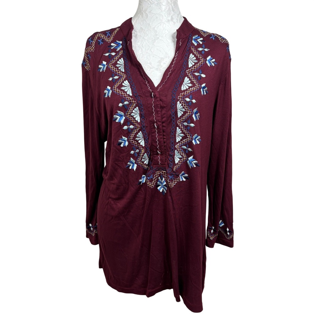 Krista Lee Maroon Embroidered Floral Henley Collar Tunic Top Blouse Womens Large